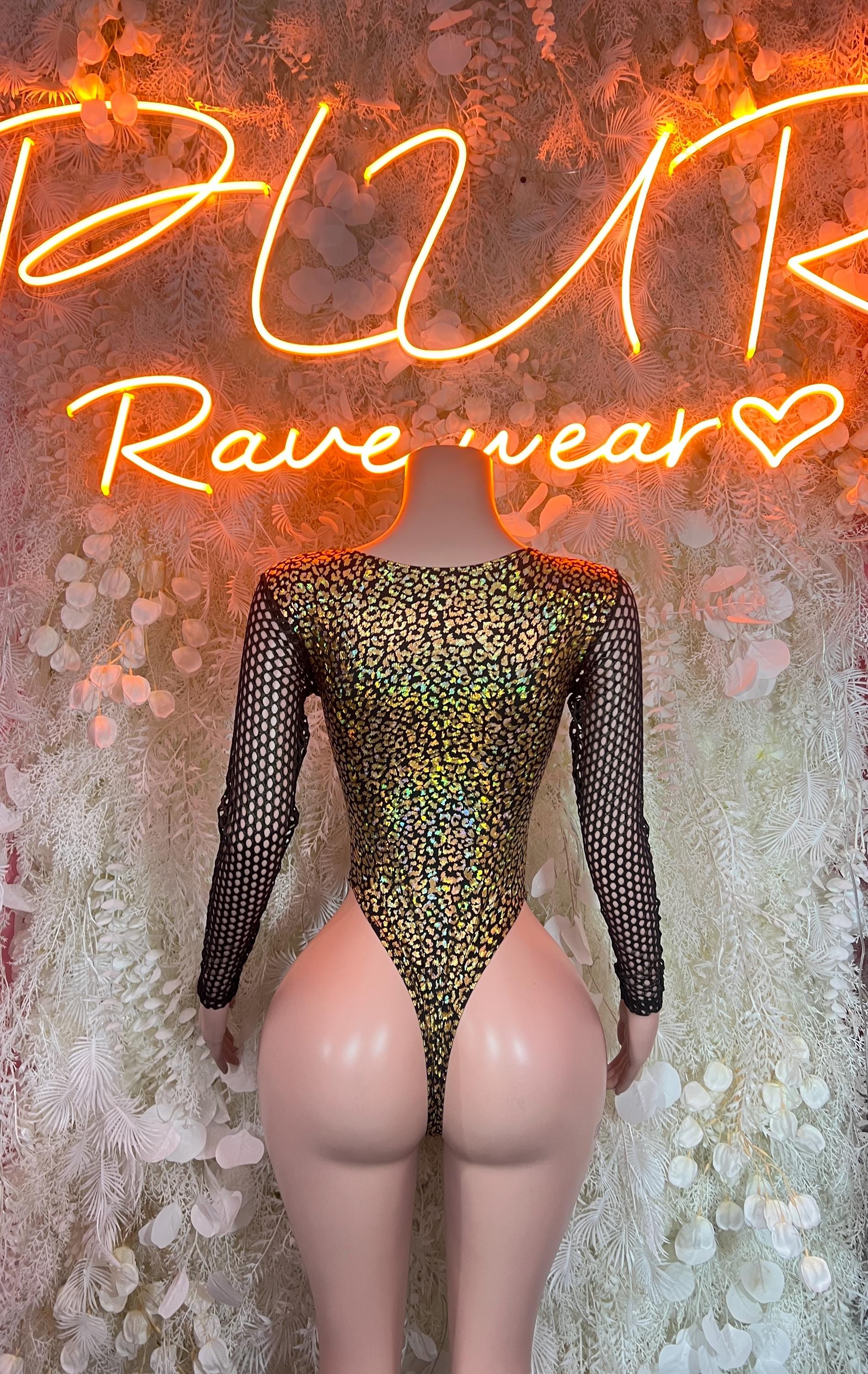 Cheetah print bodysuit with back cutout and black mesh long sleeves