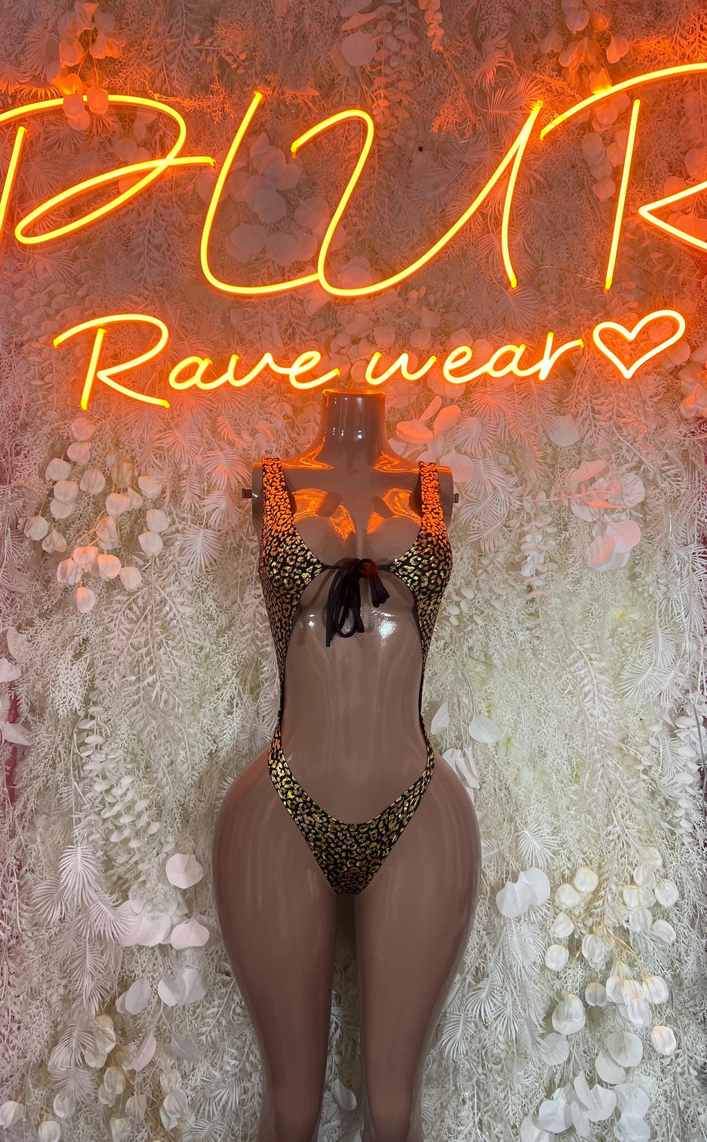 Gold cheetah-print bodysuit, long-sleeve mesh, crisscross front
