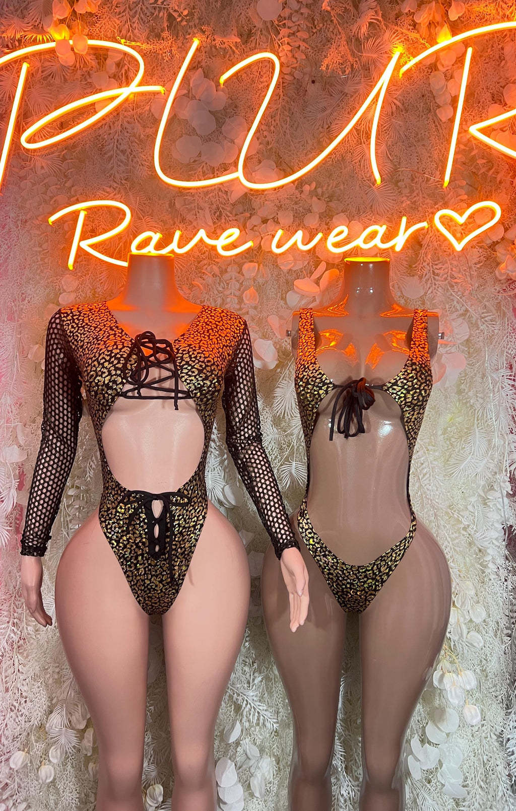 Gold cheetah-print bodysuit with long-sleeve mesh and lace-up front