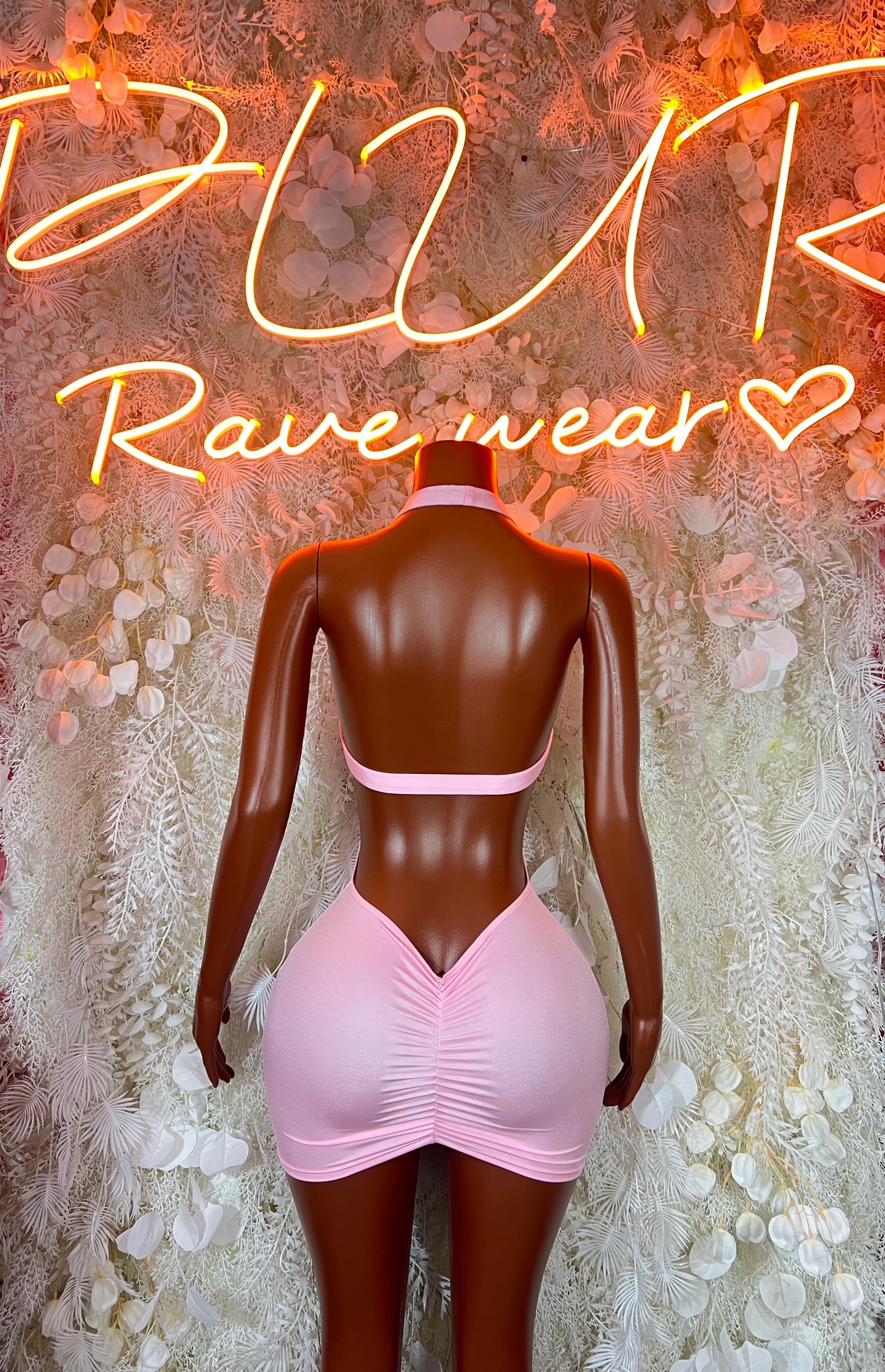 Pink mini bodycon dress, open back with V-shaped upper neckline