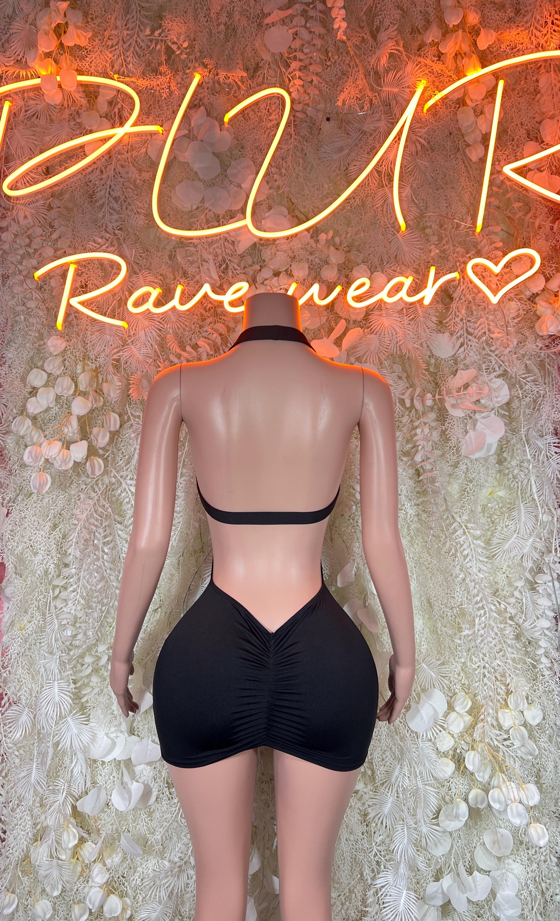 Black mini dress, sleeveless with open back and V-shaped lower back