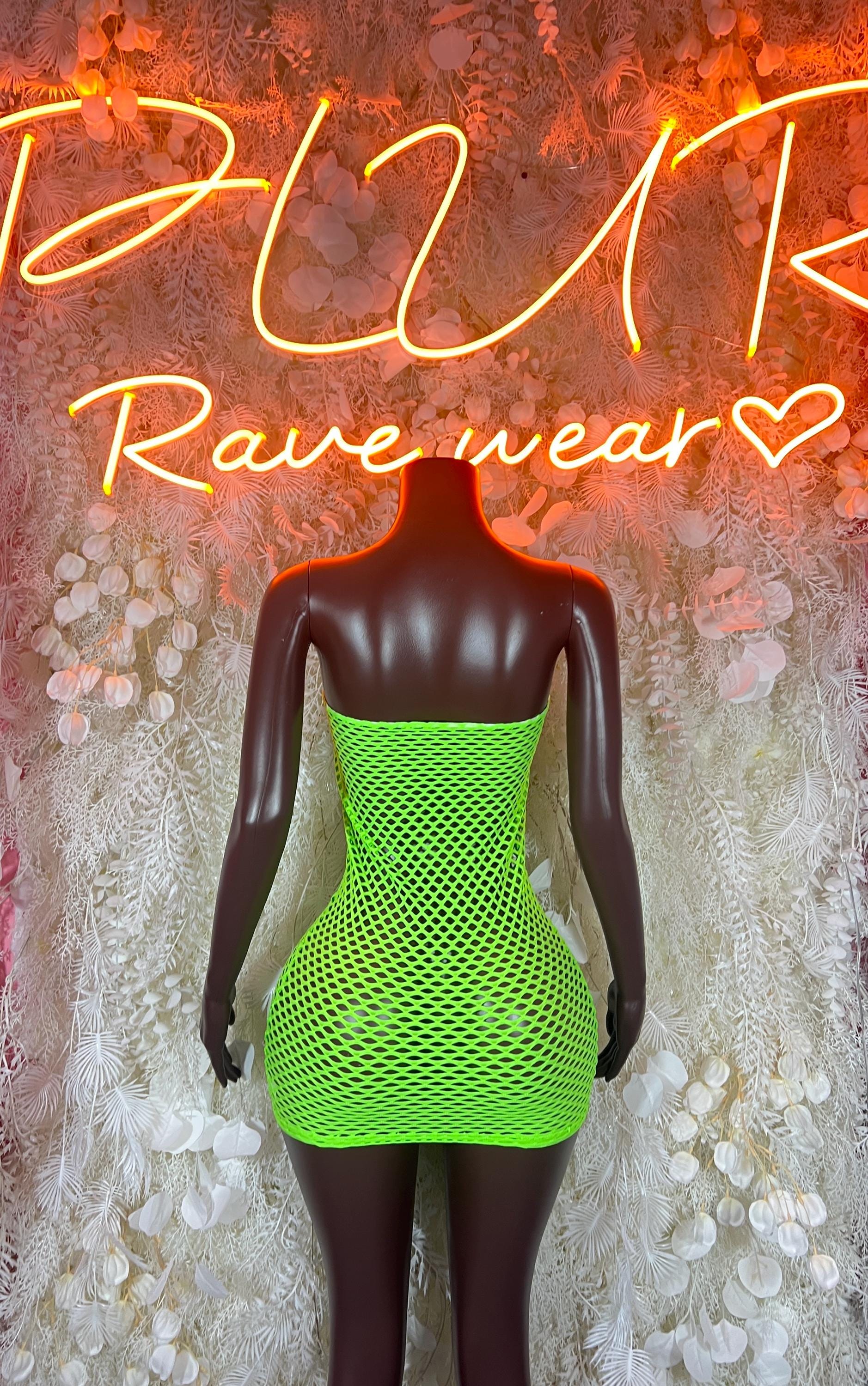 Neon green fishnet mini dress with scoop back and lace-up front