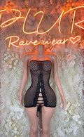 Black fishnet bodysuit mini dress with front lacing and tie-front detail