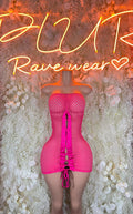 Pink fishnet bodysuit dress with corset lacing and tie-front tassel