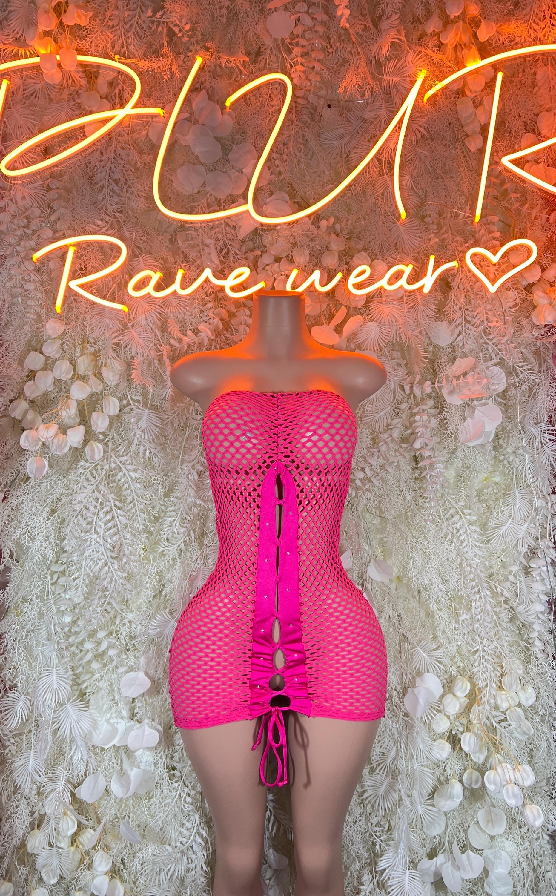 Pink fishnet bodysuit dress with corset lacing and tie-front tassel