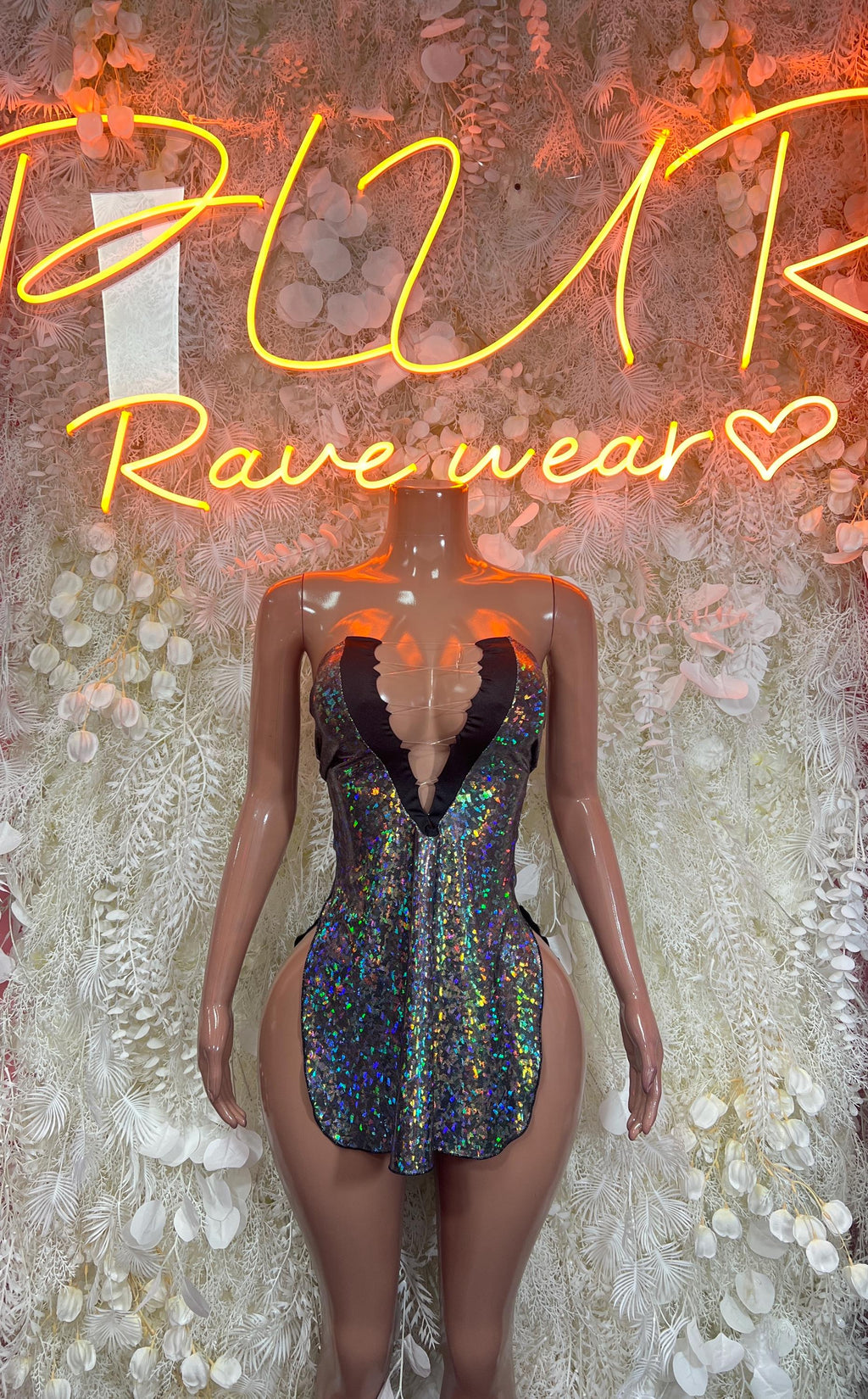 Holographic mini dress with deep V neckline and sheer long sleeves