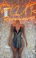 Holographic mini dress with deep V neckline and sheer long sleeves
