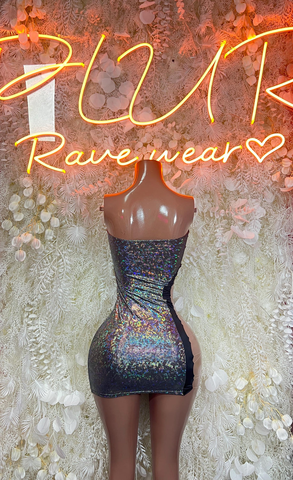 Metallic hologram mini dress with scoop neckline and fitted silhouette