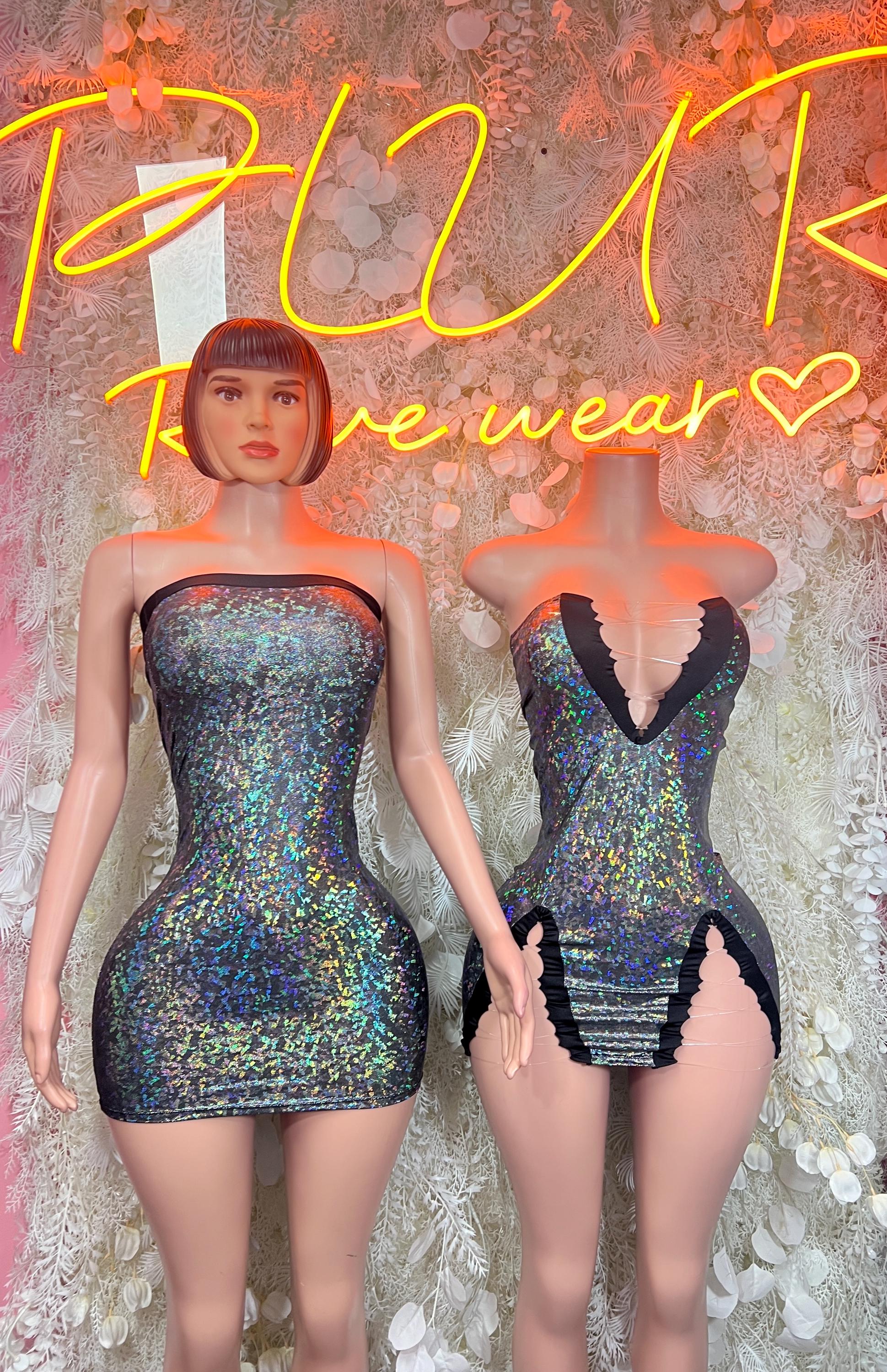 Holographic strapless mini dress with sweetheart neckline, dark blue-black; side view shown
