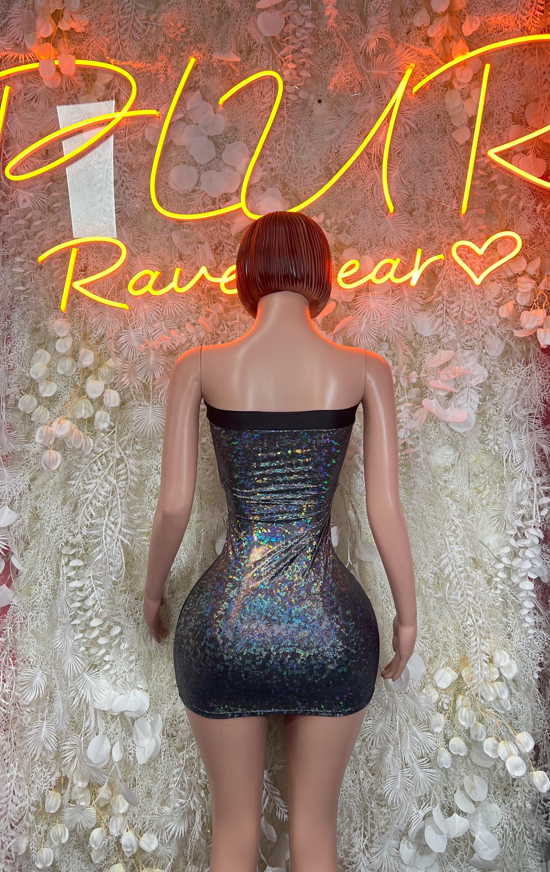 Backless holographic mini dress with strapless bodice, dark blue-black metallic sheen