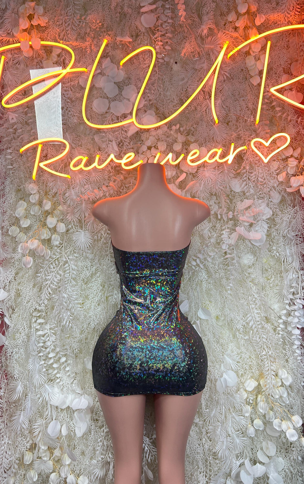 Hologram metallic bodysuit back view, cutout V back, black with blue-green shimmer