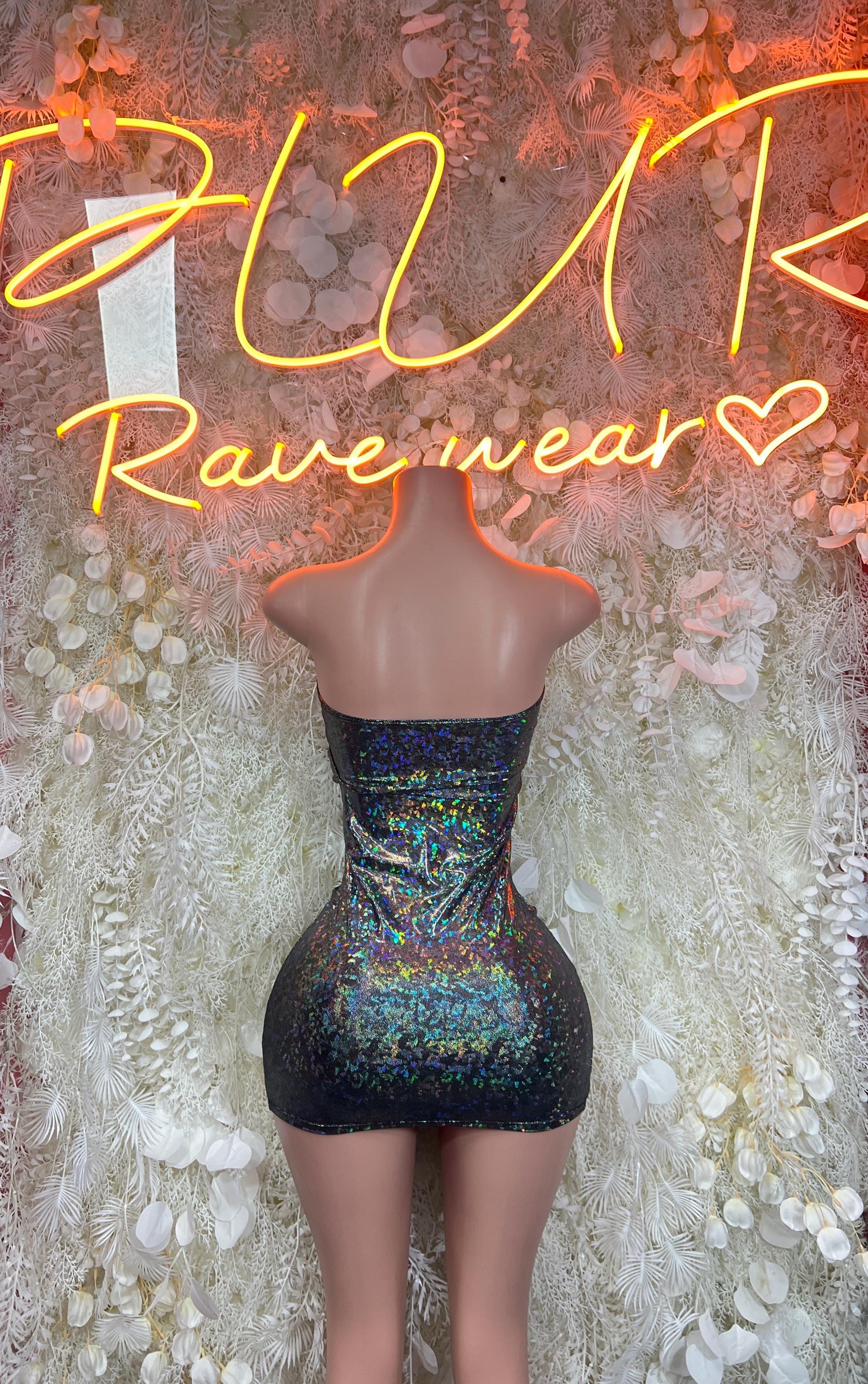 Hologram metallic bodysuit back view, cutout V back, black with blue-green shimmer