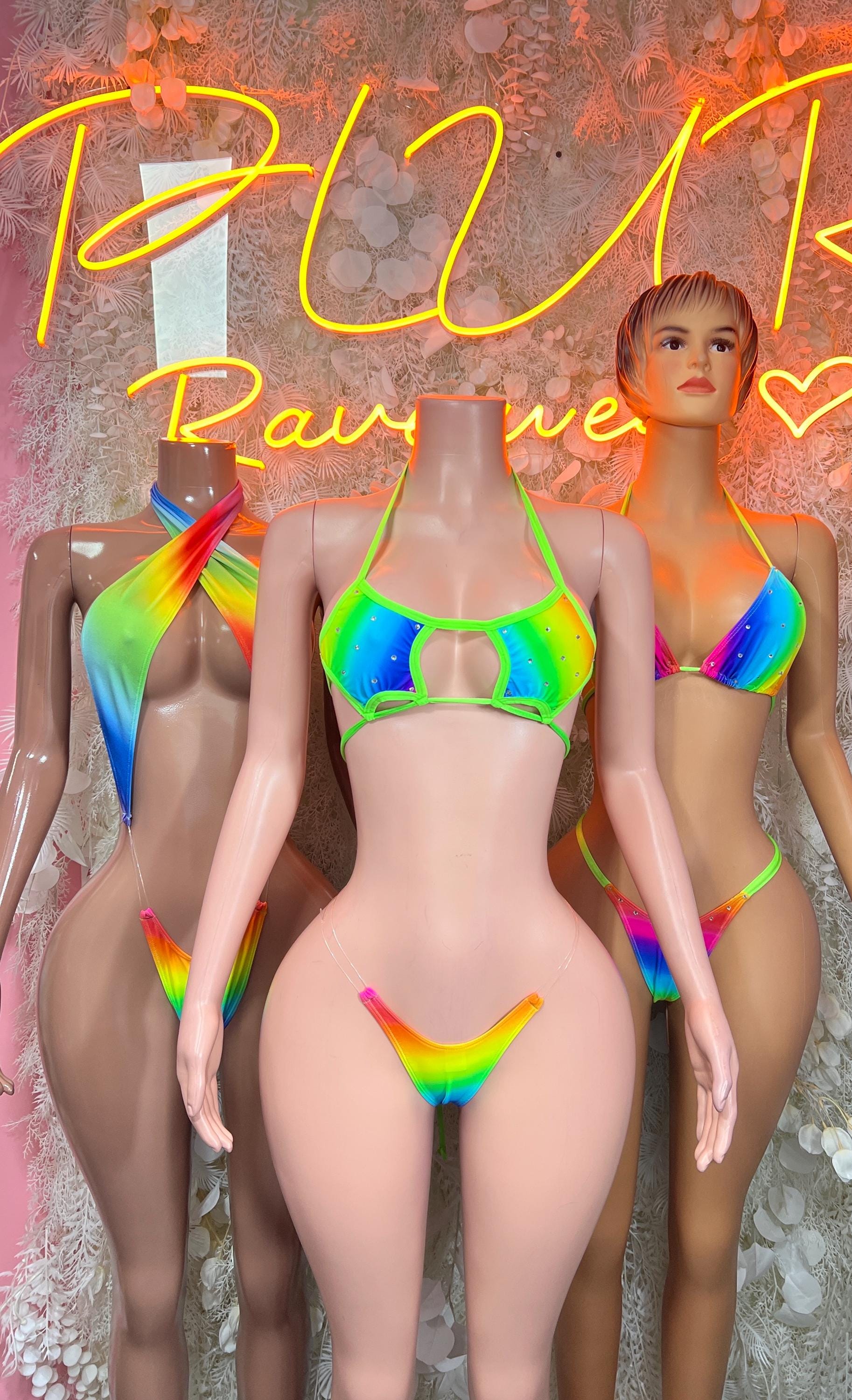 Multicolor rainbow halter bikini set, front view on three models