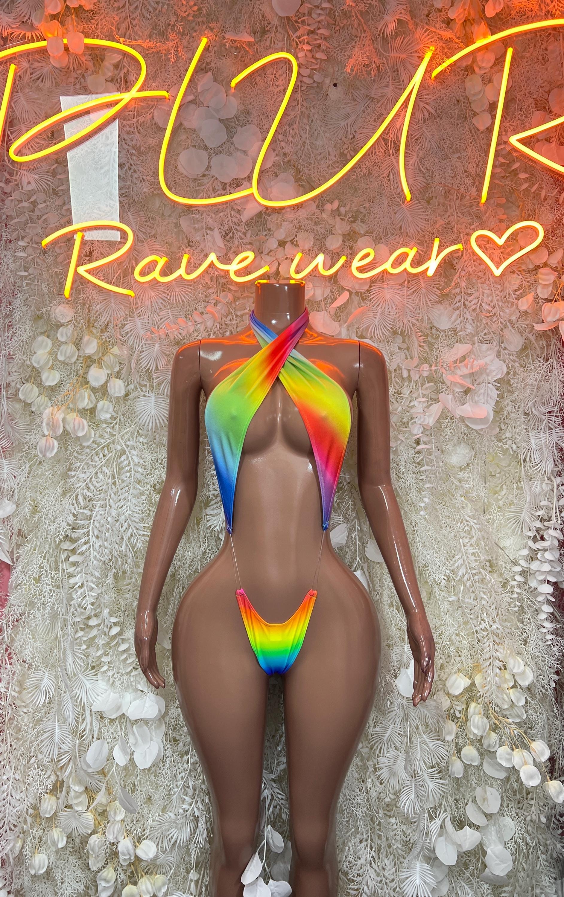 Multicolor rainbow halter bikini with matching bottom, front view on torso