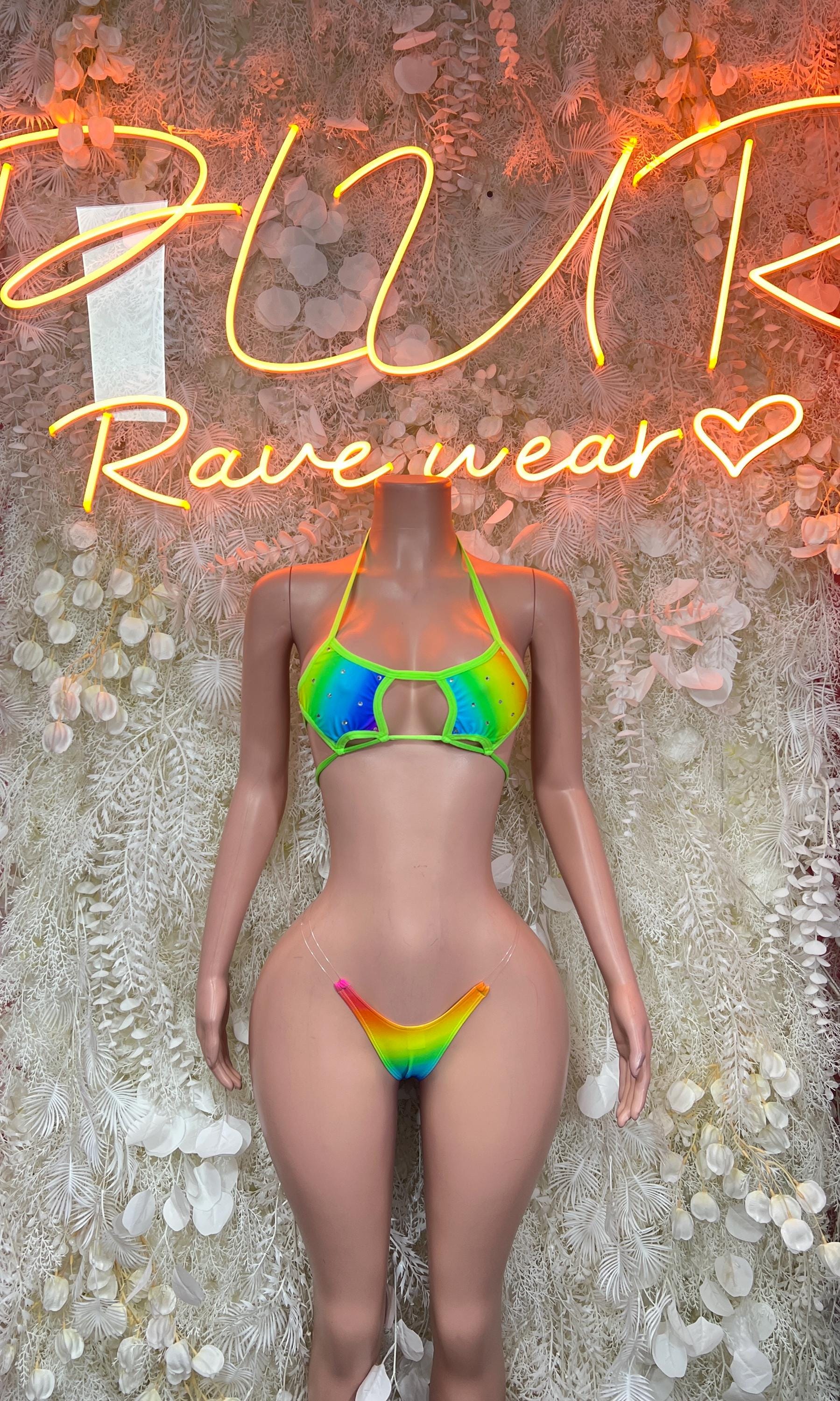 Rainbow bikini set with multicolor triangle top and matching thong bottoms