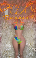 Multicolor rave bikini set with neon triangle top and high-cut bottoms, front view