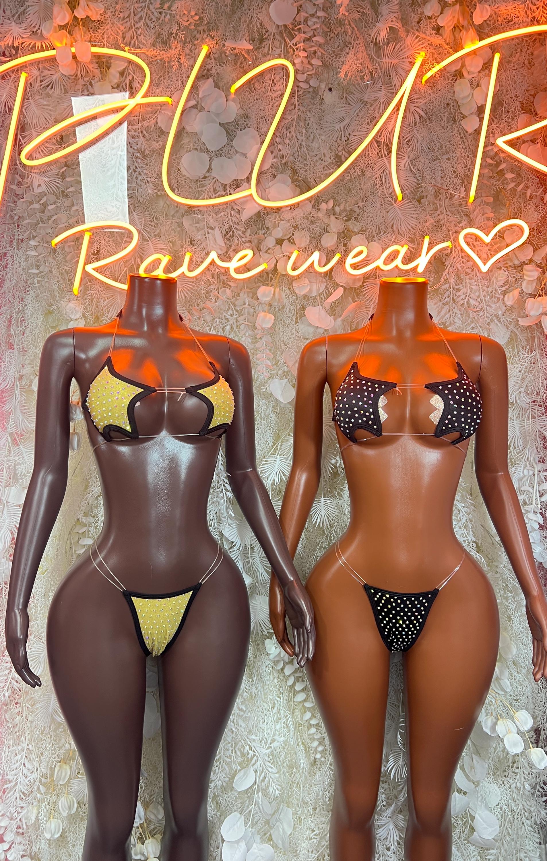 Two-piece rhinestone bikini set, one dark with gold accents and one black with silver dots