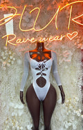 White long-sleeve bodysuit with corset-style lace-up front and high-cut leg