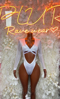 White rave bodysuit, long sleeves, deep V cutout front with strap detail