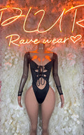 Black long-sleeve bodysuit with sheer sleeves and lace-up front cutout