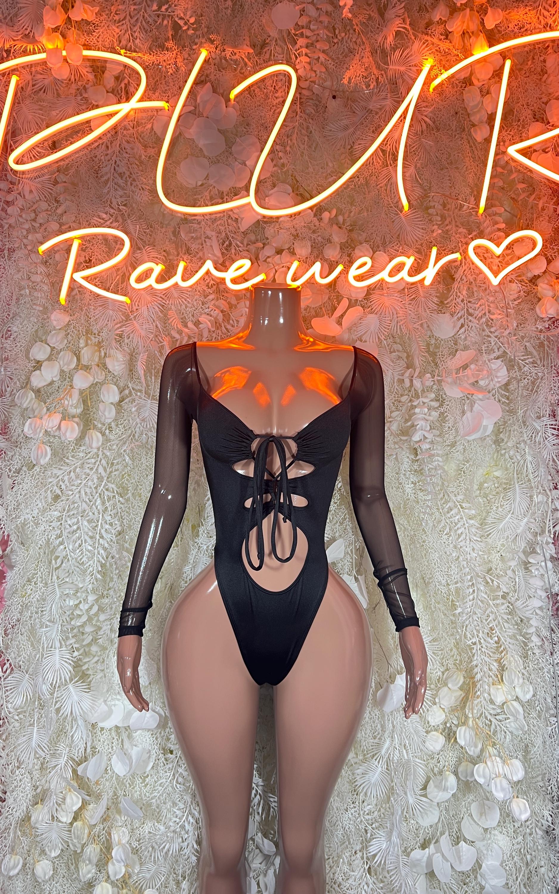 Black long-sleeve bodysuit with sheer sleeves and lace-up front cutout