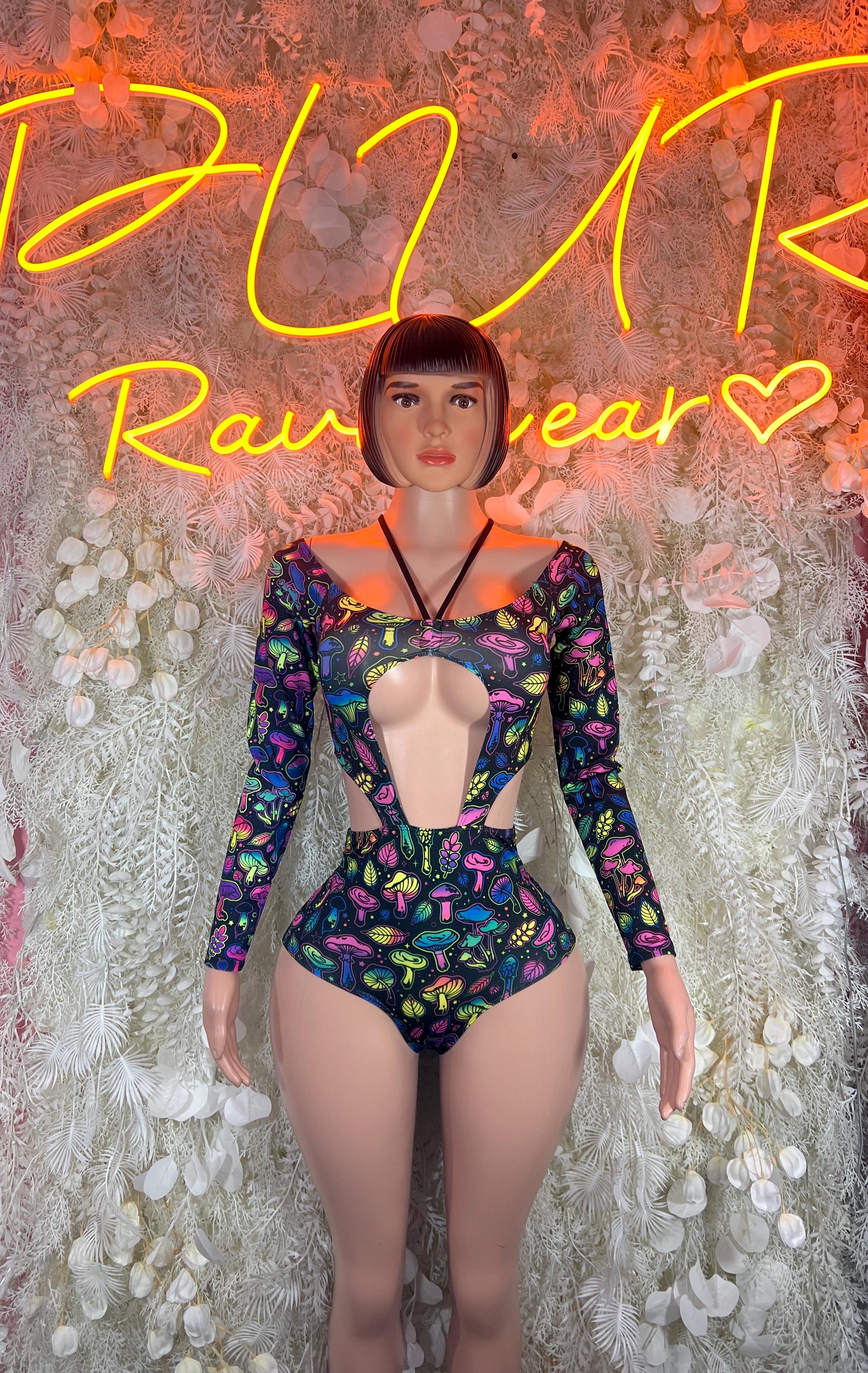 Multicolor mushroom-print UV bodysuit with long sleeves and front cutout