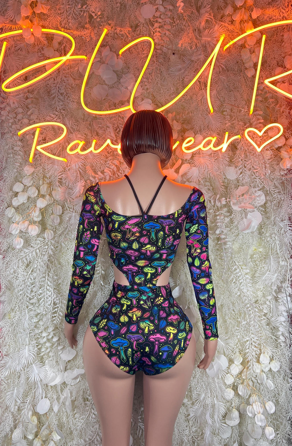 Multicolor mushroom-print UV bodysuit with open back and long sleeves
