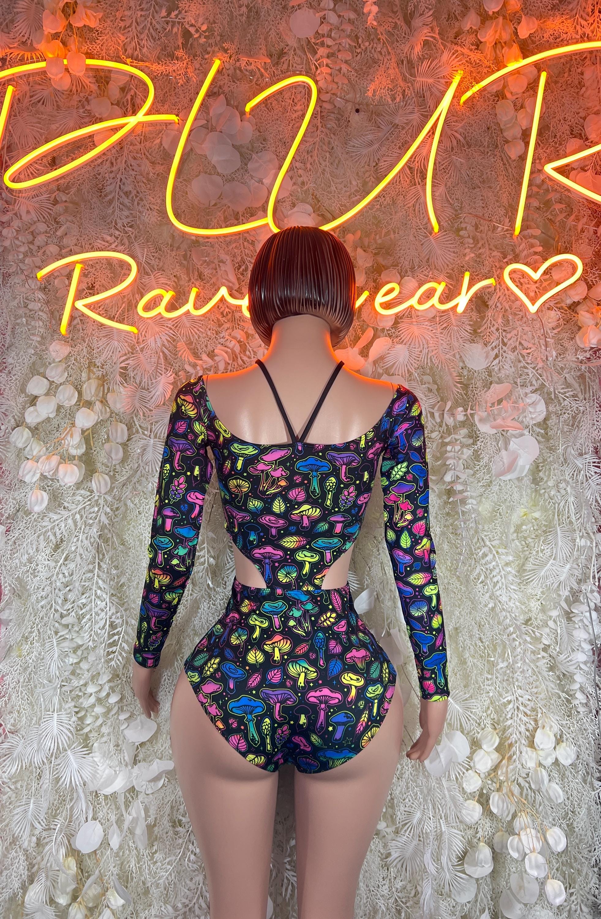 Multicolor mushroom-print UV bodysuit with open back and long sleeves