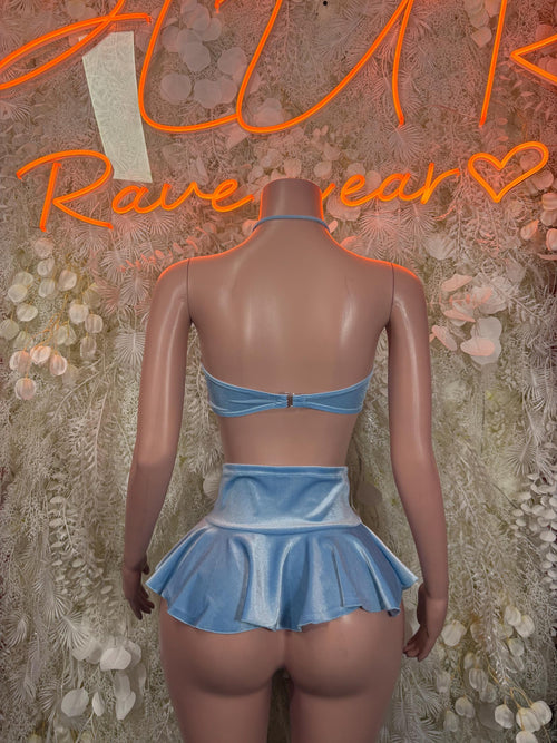 Light blue two-piece rave outfit, back view: strappy bralette with tie-back mini skirt