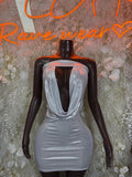 Silver metallic mini dress with draped cowl neckline and open back