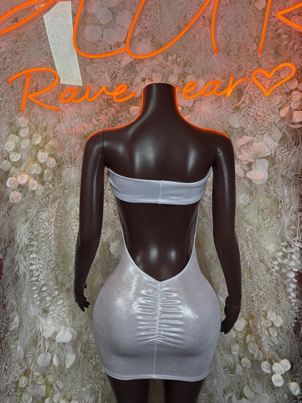 Silver metallic mini dress with open-back design and ruched fitted waist
