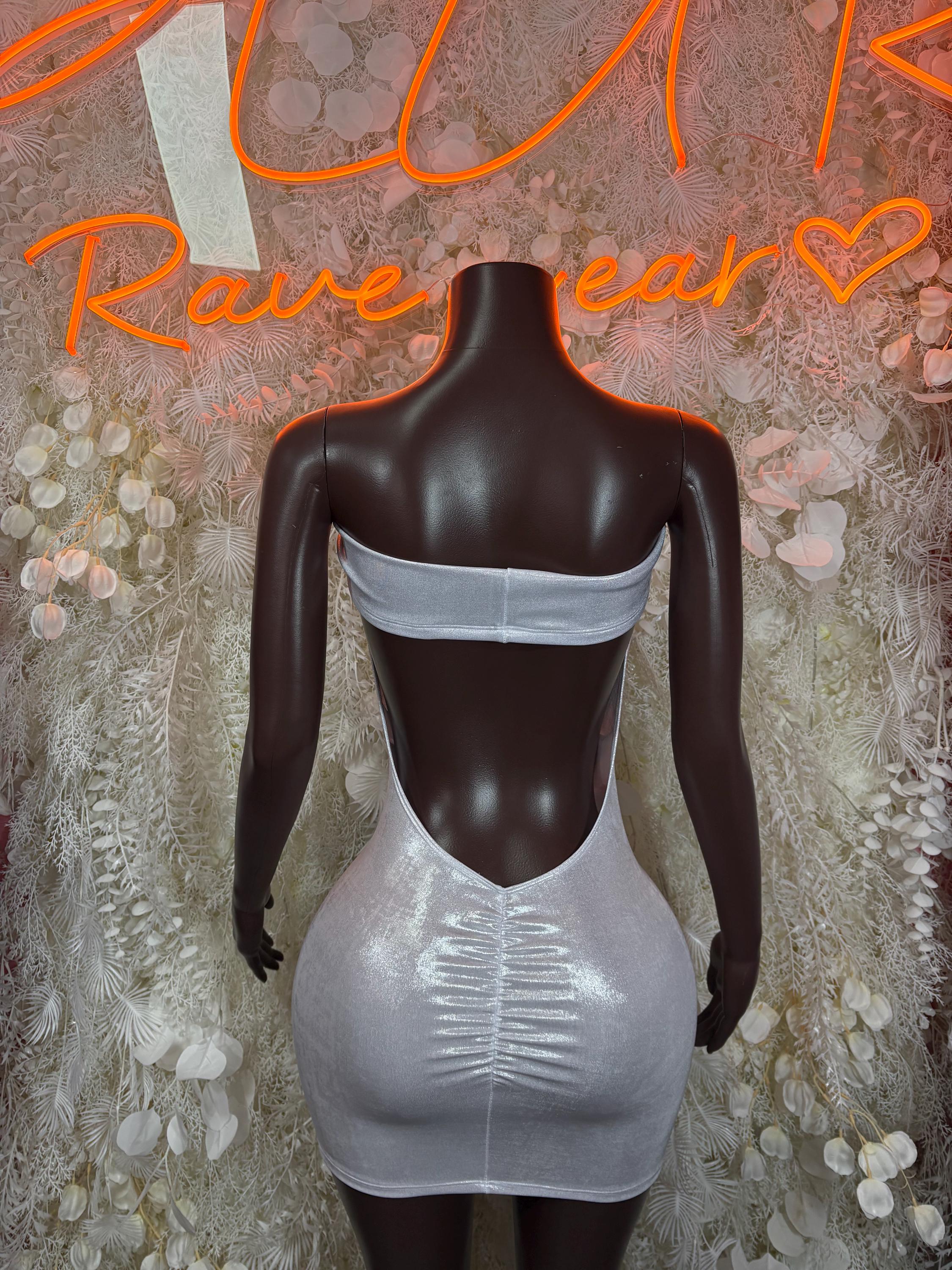 Silver metallic mini dress with open-back design and ruched fitted waist
