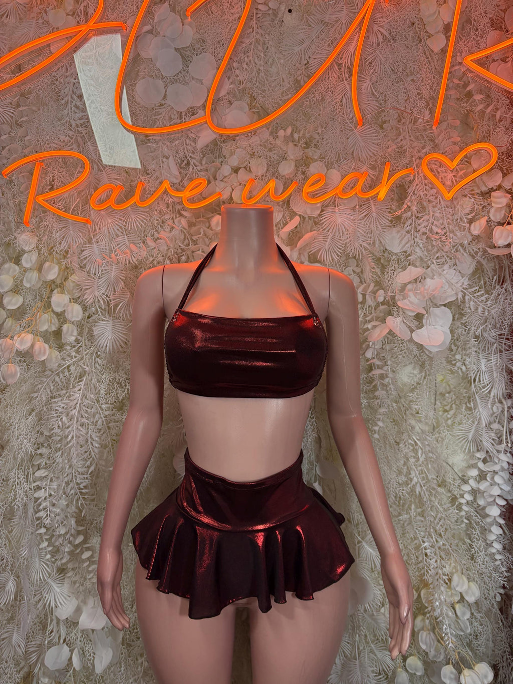 Metallic dark red halter bra top and pleated mini skirt set