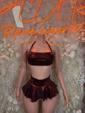 Metallic dark red halter bra top and pleated mini skirt set