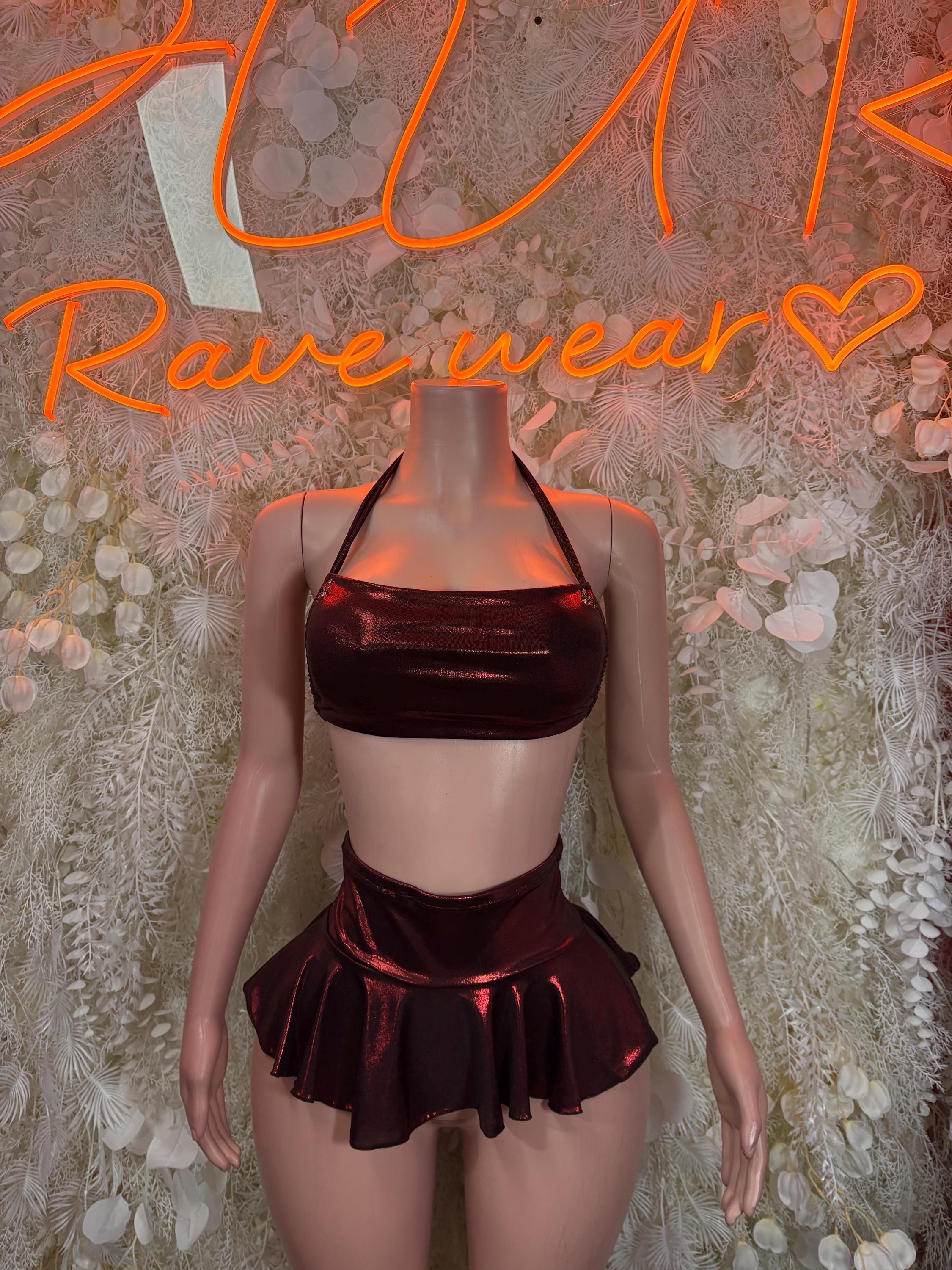 Metallic dark red halter bra top and pleated mini skirt set