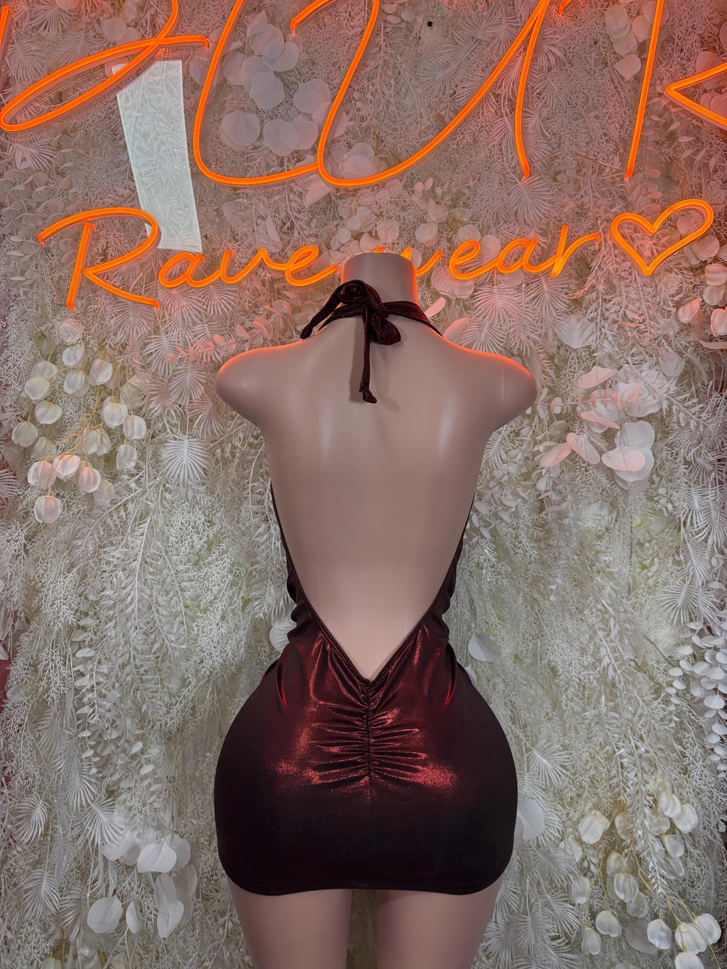 Metallic sleeveless mini dress with halter tie and deep open back, dark red