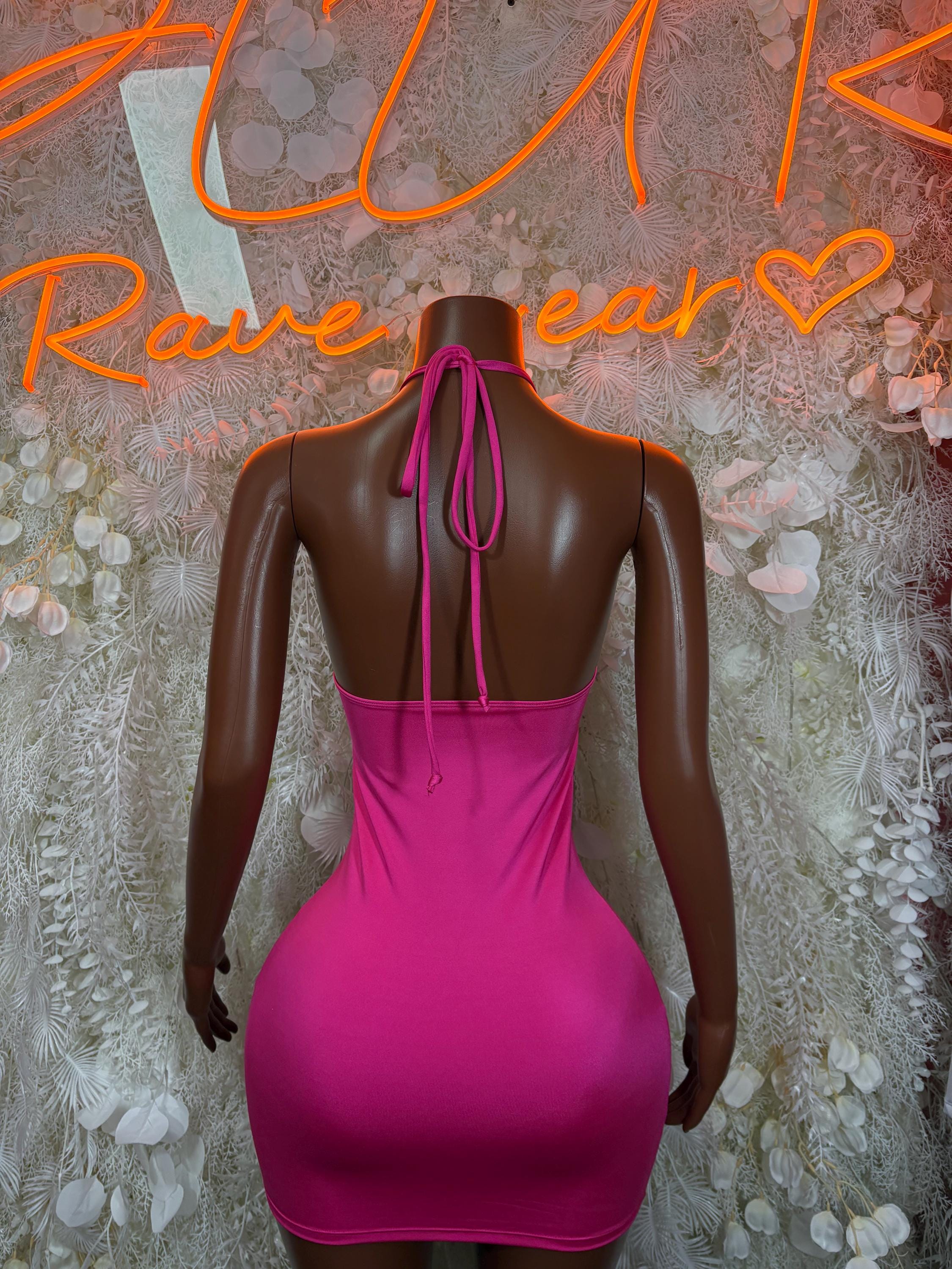 Pink halter mini dress with long tie back and open-back neckline