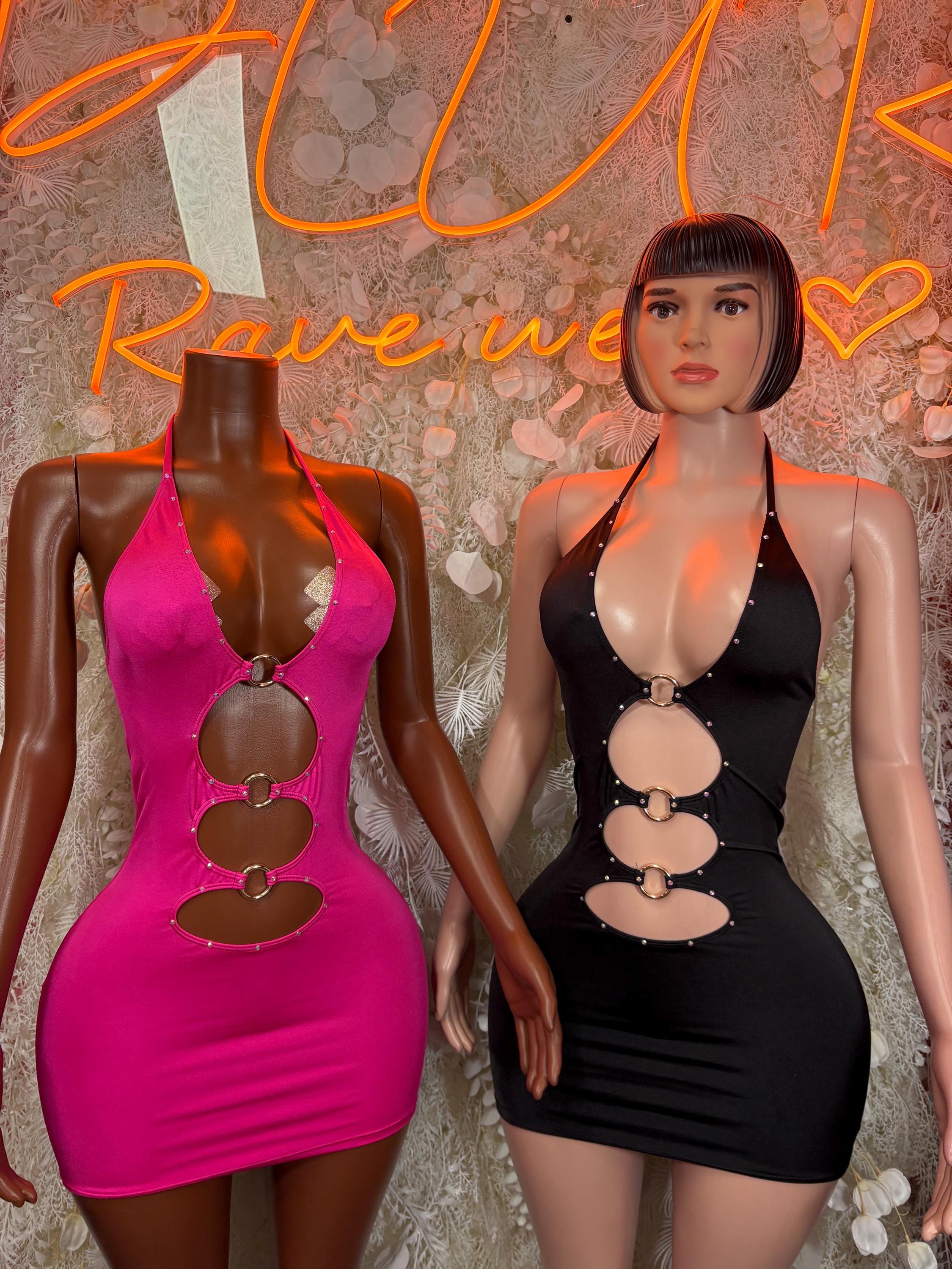 Pink and black halter mini dresses with ringed cutout chest