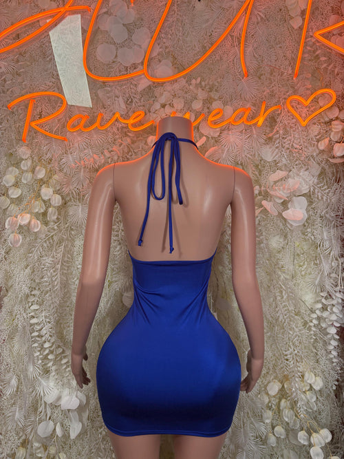 Blue halter club dress with open back and tie straps