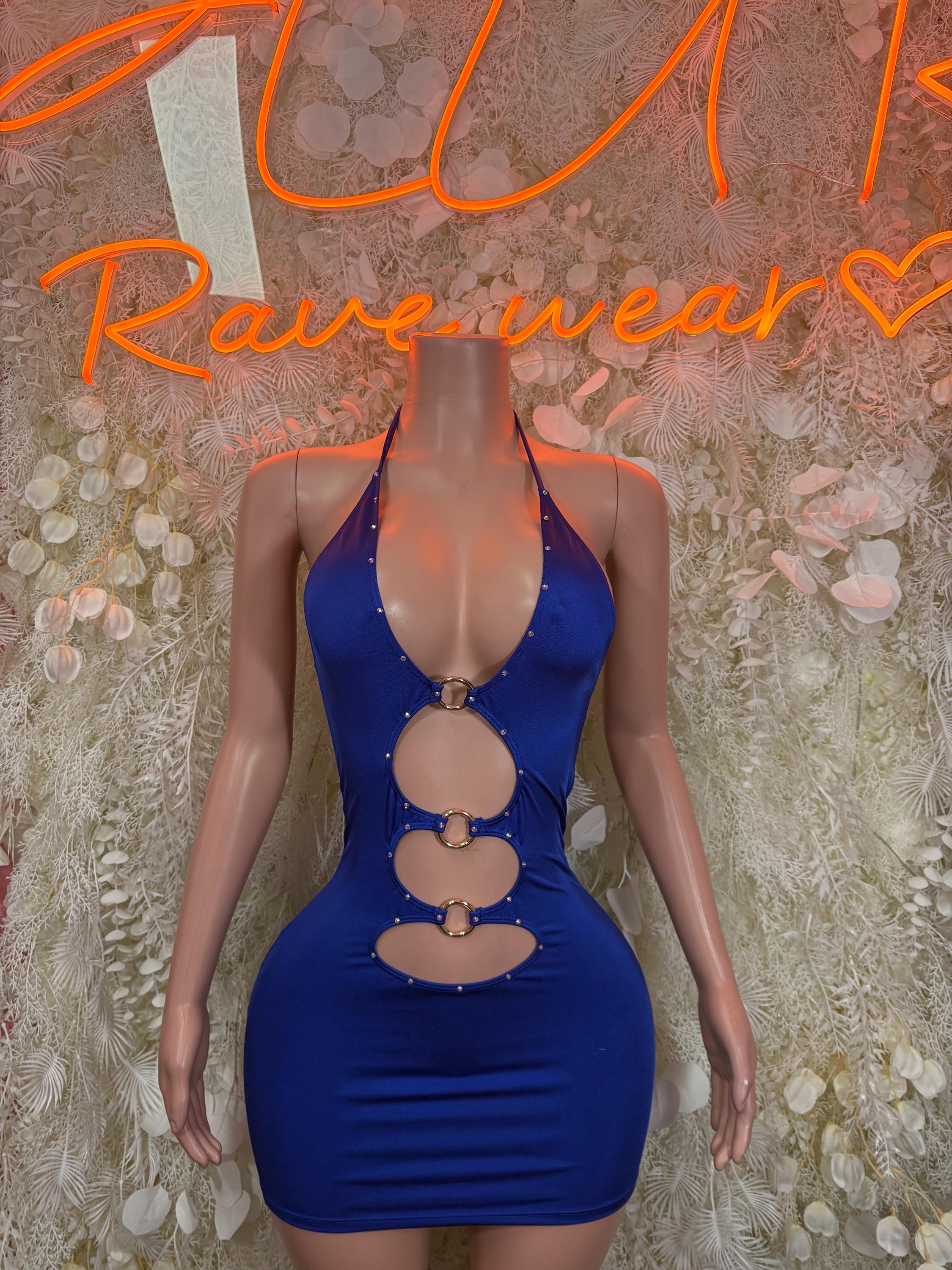 Blue club dress with halter neckline, cutouts and gold-tone ring accents