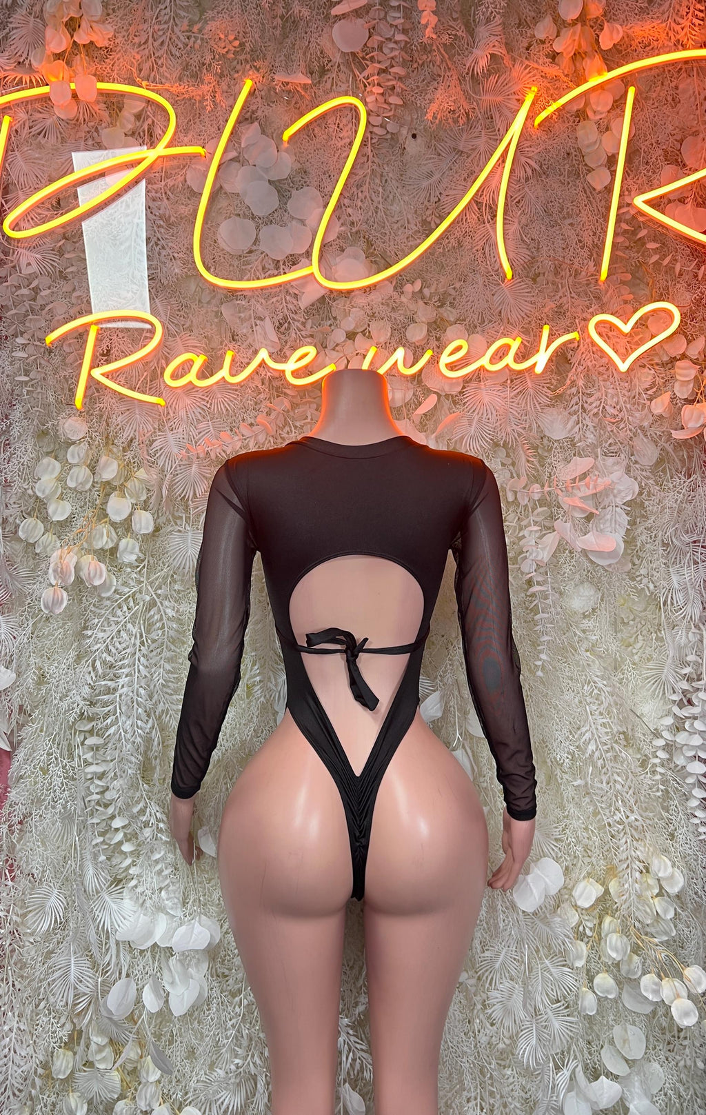 Black hologram metallic bodysuit with sheer long sleeves and open-back cutout straps
