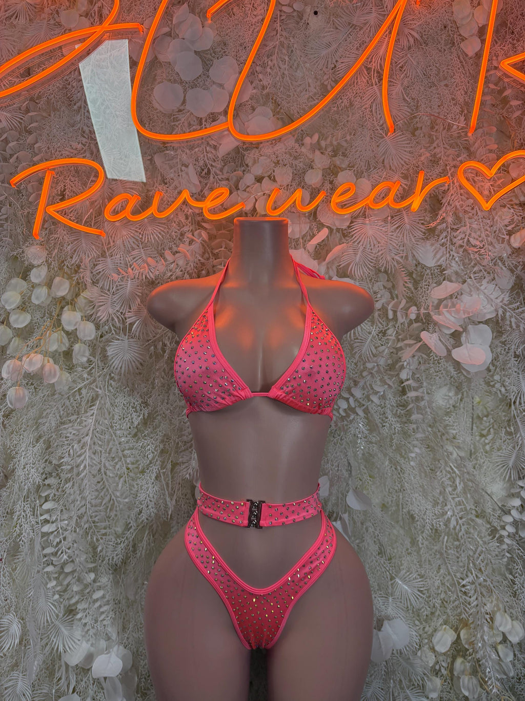 Coral rhinestone two-piece set: triangle bra and matching high-cut bottoms
