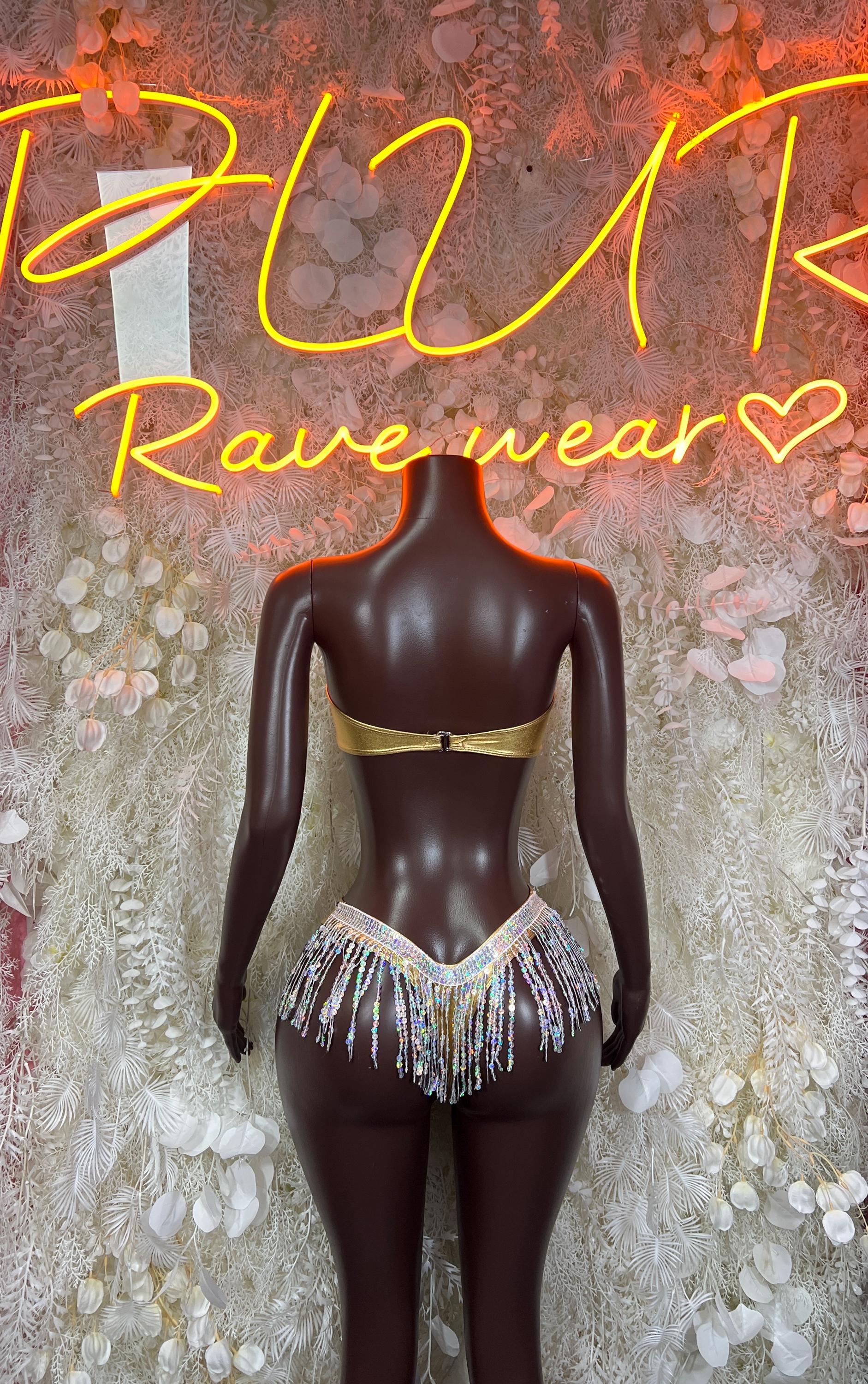 Gold metallic dancewear set with back bra top, gold briefs, and silver fringe hip belt.