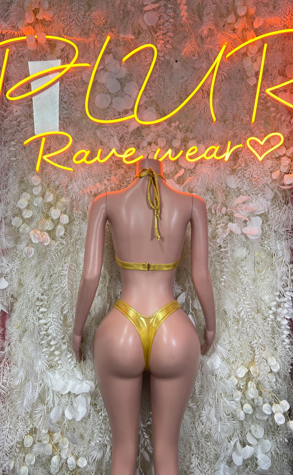 Gold metallic two-piece dance outfit with ruched open-back tie