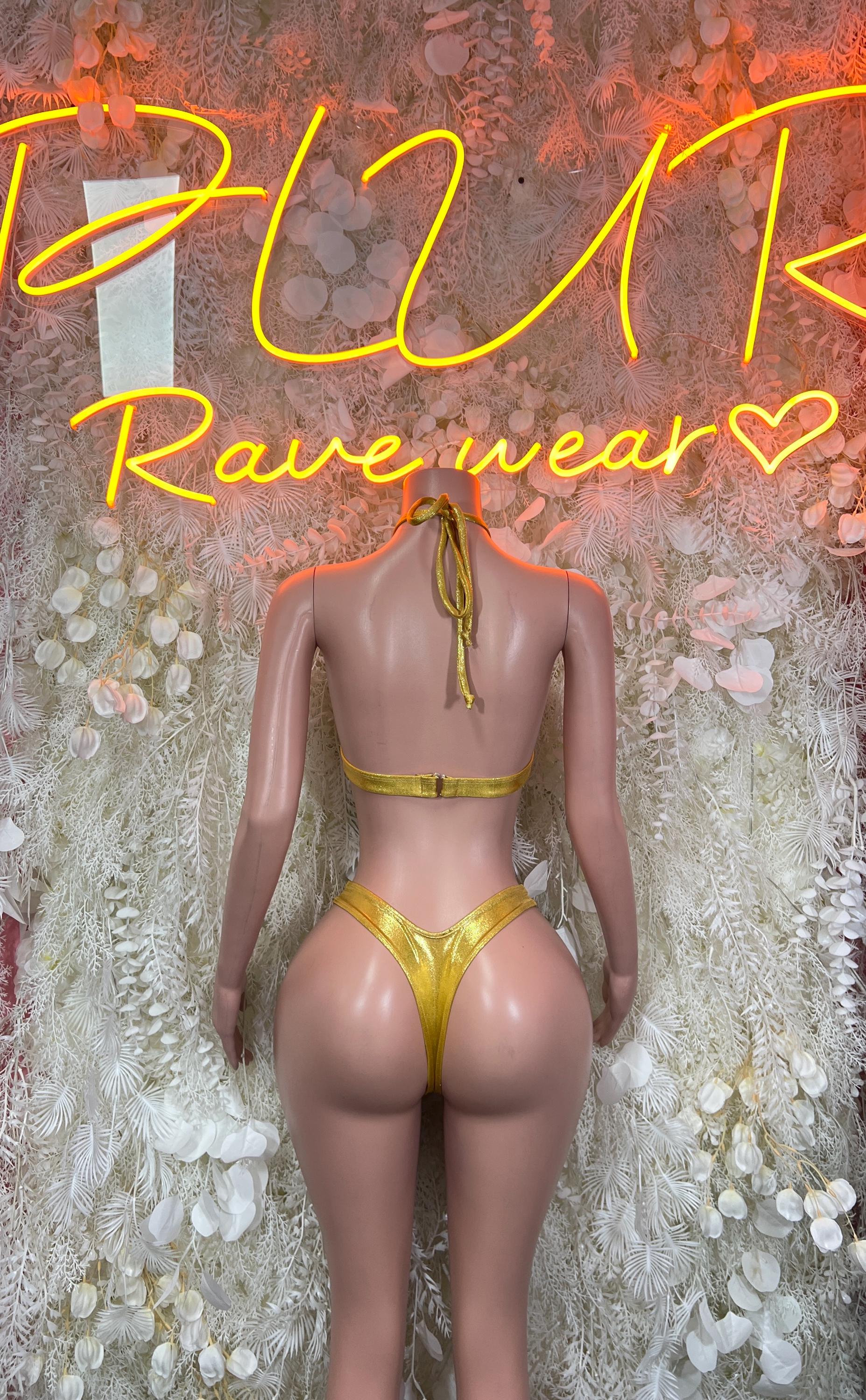 Gold metallic two-piece dance outfit with ruched open-back tie