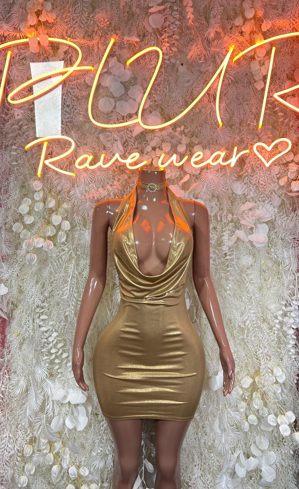 Gold metallic mini dress with cowl neckline and ruched draped front, sleeveless