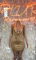 Gold metallic mini dress with cowl neckline and ruched draped front, sleeveless