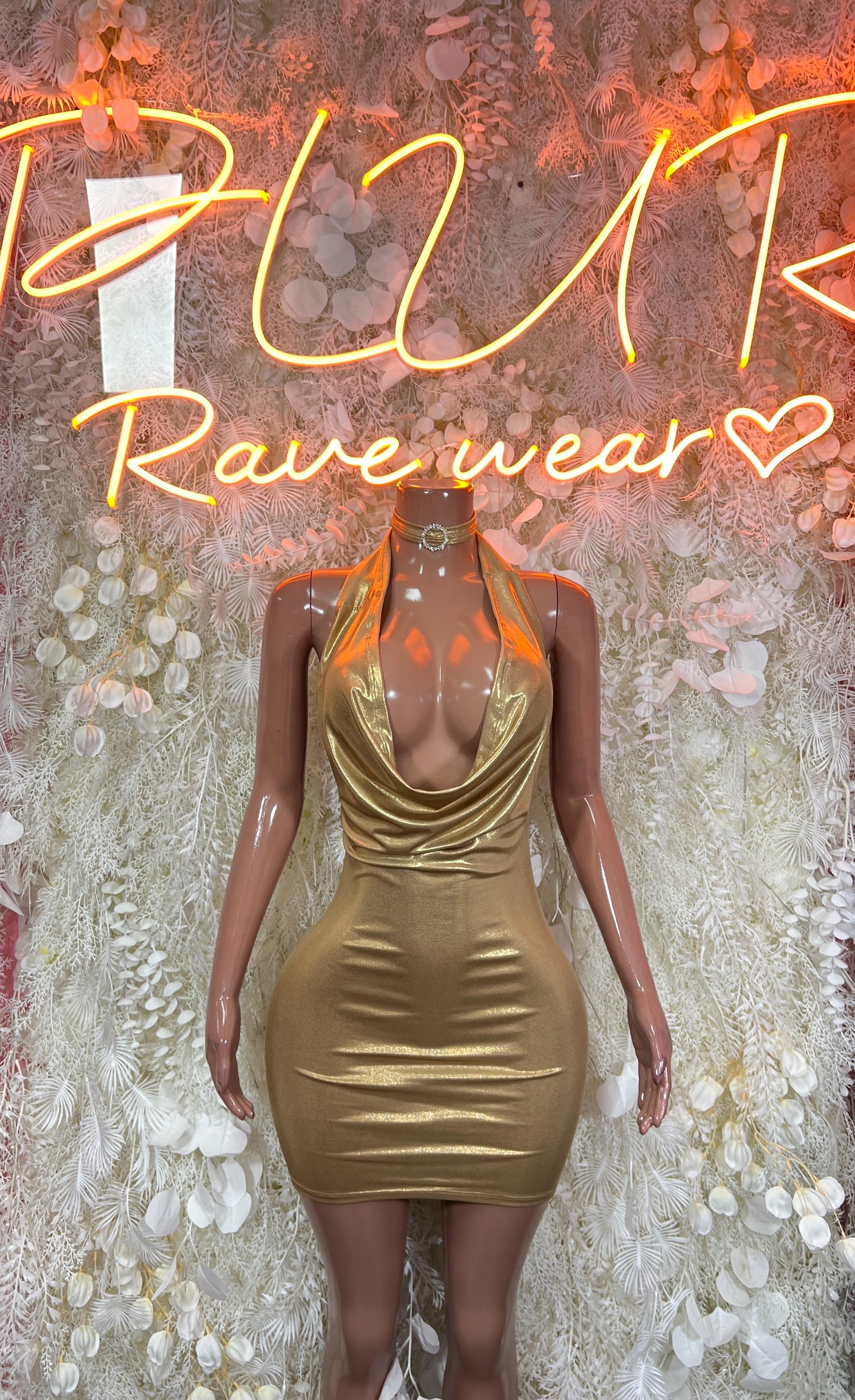 Gold metallic mini dress with cowl neckline and ruched draped front, sleeveless