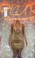 Gold metallic bodycon mini dress with draped cowl neckline, sleeveless