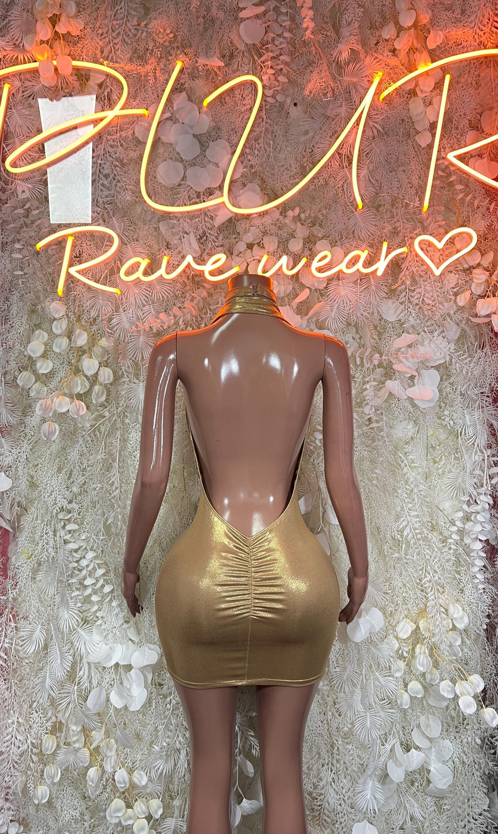 Gold metallic mini dress with low back, ruched draped back, sleeveless